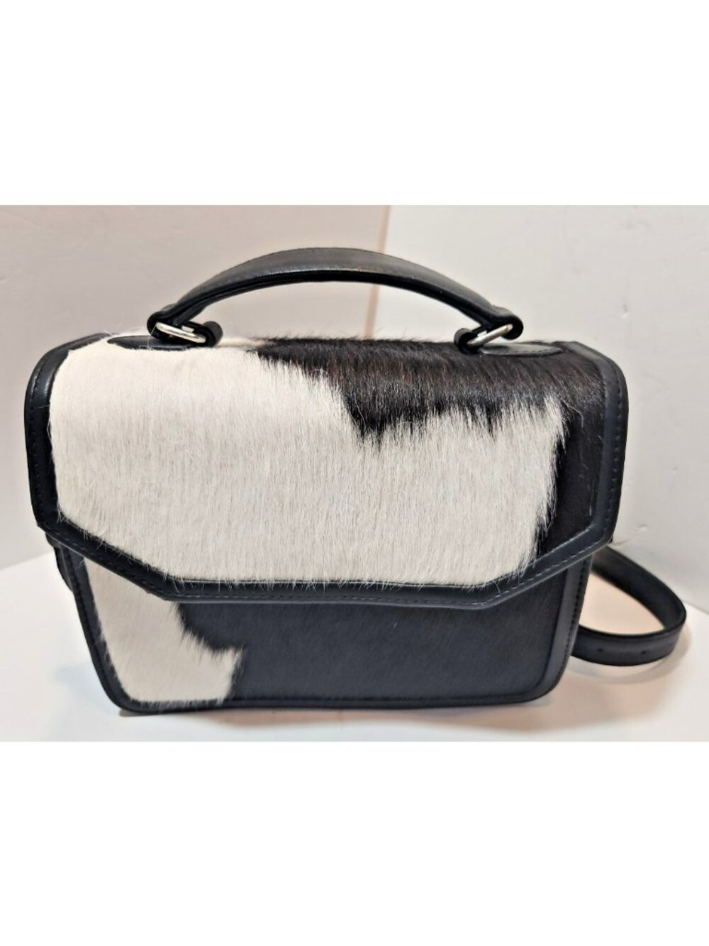 Saudara Cowhide Hair Black White Purse Leather Shoulder Office Square Bag